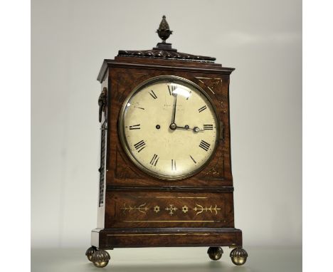 A George IV brass-inlaid mahogany bracket clock, c. 1820-30,Thomas Hunt, London, the reeded caddy top with gilt-brass pineapp