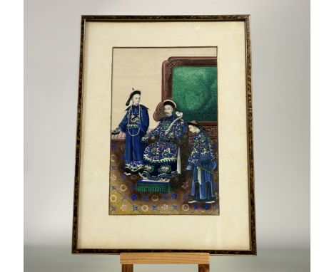 A set of three Late Chinese Qing dynasty watercolours on paper depicting a nobleman and two attendants, the other depicting h