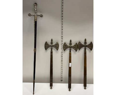 Three ornamental throwing axes and a sword in scabbard, Shipping unavailable 