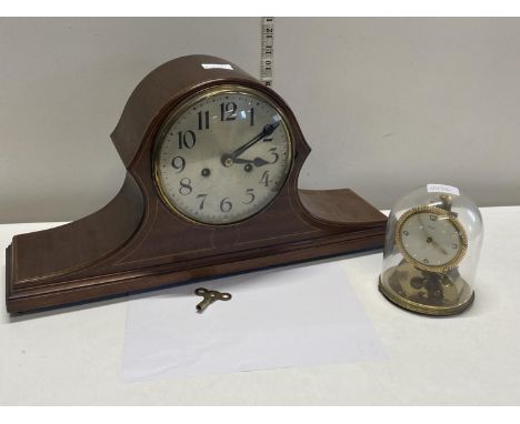 A Edwardian mahogany Napoleon hat mantle clock with key and pendulum and a vintage Kundo brass carriage clock under glass dom