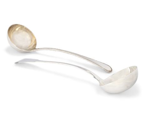 A George IV silver ladle. Benjamin Davis, London, 1828. Fiddle pattern, 34.5cm long, together with a George V Beaded pattern 