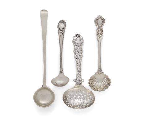A small group of sifters and ladles. Various dates and makers. The group comprising: a Victorian silver sifting spoon with or