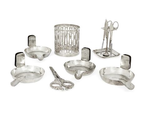 A group of silver. Various dates and makers. The group comprising: four Asprey & Co. silver ashtrays with integrated matchbox