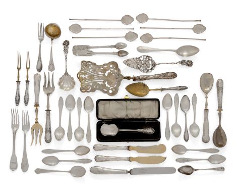 A group of mixed silver flatware. Various dates and makers. The group including: a George III teaspoon, 1801, Peter, Ann & Wi