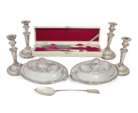 A mixed group of silver plate and metalware. The group comprising: a set of four candlesticks with knopped stems and stepped 