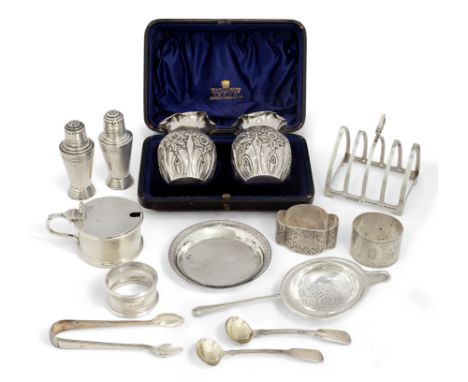 A group of silver items. Various dates and makers. The group comprising: two small Victorian vases, Birmingham, 1891, Deakin 