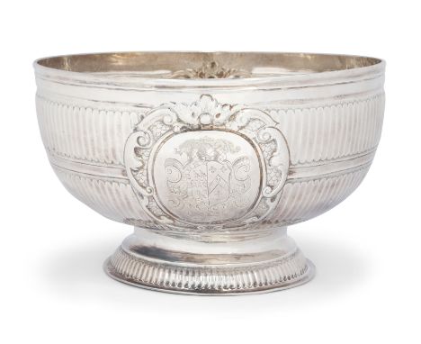 An early George I silver punch bowl. Robert Timbrell & Joseph Bell I, London, 1714. Designed with two rows of fluted bands to