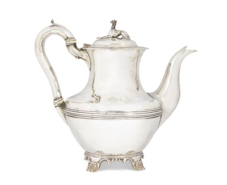 A William IV silver coffee pot with greyhound finial. Richard Pearce & George Burrows, London, 1831. Of baluster form and rai