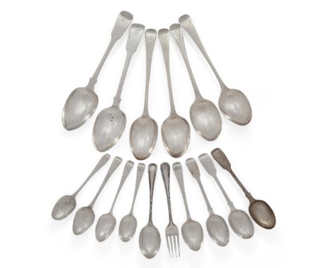 A group of silver flatware. Various dates and makers. The group comprising: two Georgian tablespoons, 1792, maker RC, Old Eng