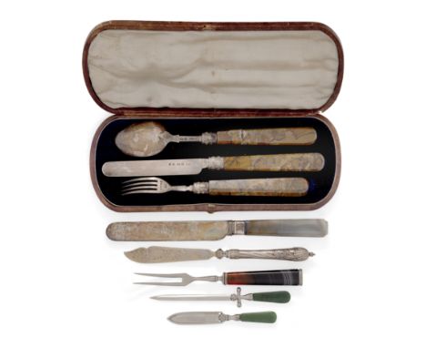 A group of flatware with hardstone handles. 19th century and later. The group comprising: a cased Victorian silver christenin