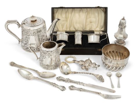 An Edwardian silver teapot and cream jug. John Henry Potter, Sheffield, 1905. The tapering bodies repousse decorated with scr