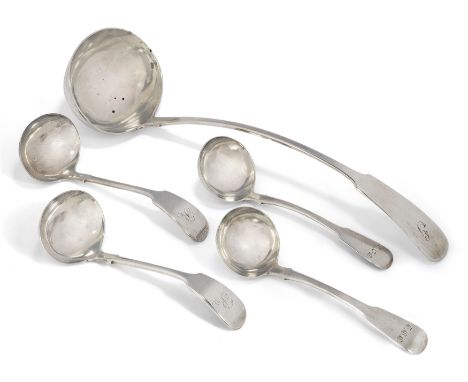 A William IV Scottish silver ladle. Maker J. A., Edinburgh, 1831. Fiddle pattern, with engraved initial to handle, 35cm long.