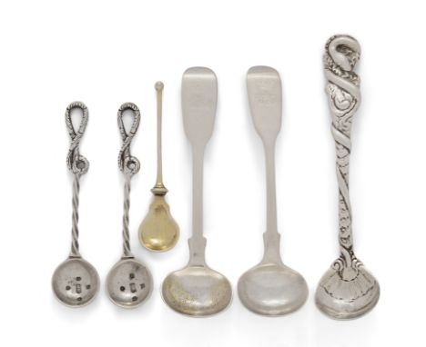 A group of silver salt spoons, including: a Victorian pair with whip terminals. David Pettifer, Birmingham, 1850. Designed wi