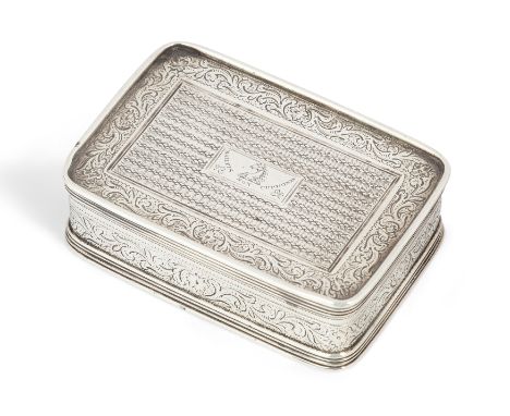 A Regency silver snuff box. Thomas Bartleet, Birmingham, 1819. Of rectangular form, the engine turned lid chased with a folia