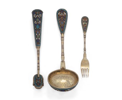 A group of 19th century Russian cloisonné enamelled silver flatware. Mark of Ivan Saltykov, Moscow, c.1887. Assay master Vikt