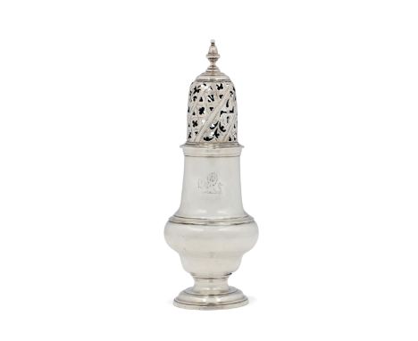 An early George III silver sugar caster. John Delmester, London, 1764. Of baluster form, with knopped finial to cover and lio