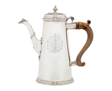 A George II silver coffee pot. Maker's mark indistinct, London, 1736. Of tapering, cylindrical form with a faceted spout and 