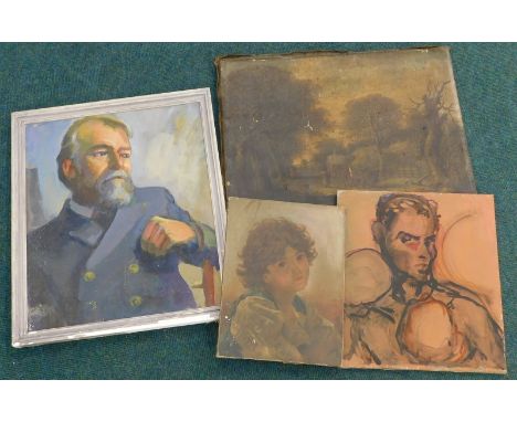 20thC School.  Portrait of a gentleman in a blue blazer, oil on board, 60cm x 49.5cm, and two other portraits and a landscape