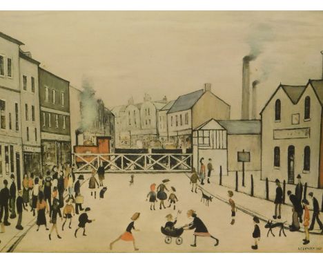 Laurence Stephen Lowry (1887-1976).  The Level Crossing, Burton on Trent, artist signed coloured print, 44cm x 58cm