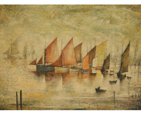 Laurence Stephen Lowry (1887-1976).  Sailing boats, artist signed coloured print, 33cm x 37cm