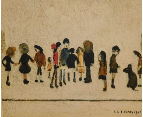 Laurence Stephen Lowry (1887-1976).  Group of Children, artist signed coloured print, 20.5cm x 20.5cm