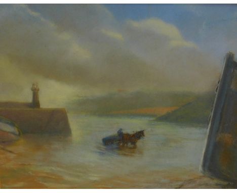 Hyman Segal (1914-2004).  Harbour scene with horse and cart, pastel, signed, 27.5cm x 34cm