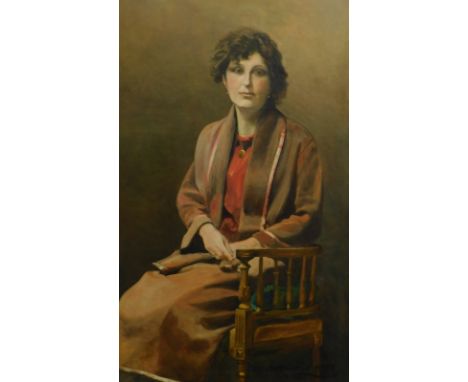 R Massone (19th/20thC).  La Dame en Brun, oil on canvas, signed and dated 20 Novembre 1924, label verso, 130cm x 74cm