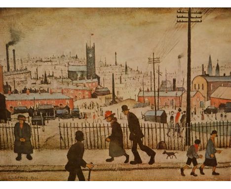 Laurence Stephen Lowry (1887-1976).  View of a town, artist signed coloured print, 46cm x 55cm