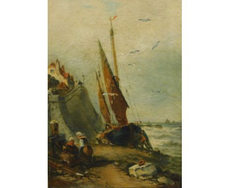 George R Belshaw (19th/20thC).  Coastal scene with fisherfolk, oil on canvas, signed and dated 1903, 55cm x 34cm