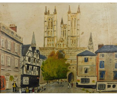 D M Komlosy (20thC).  Across Castle Hill, Exchequer Gate, fayre in castle grounds, oil on board (3), titled verso and dated A