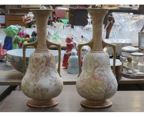 PAIR OF GILDED AND FLORAL DECORATED TWO HANDLED CERAMIC VASES BY DOULTON BURSLEM, No6260, APPROXIMATELY 31cm HIGH (AT FAULT) 