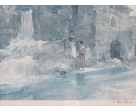 RUSSELL FLINT, PENCIL SIGNED PRINT DEPICTING TWO FIGURES BY A WATERFALL, APPROXIMATELY 25cm x 34cm 