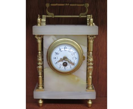 PRETTY GILT METAL AND MARBLE MANTEL CLOCK WITH CIRCULAR HANDPAINTED AND ENAMELLED DIAL 