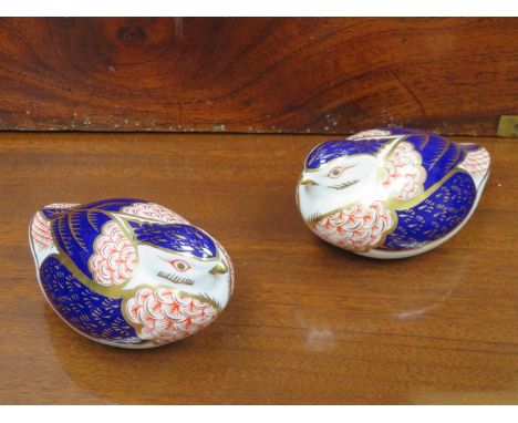 PAIR OF ROYAL CROWN DERBY CERAMIC BIRD FORM PAPERWEIGHTS WITH STOPPERS, ATLANTIC CONTAINER LINE 1982