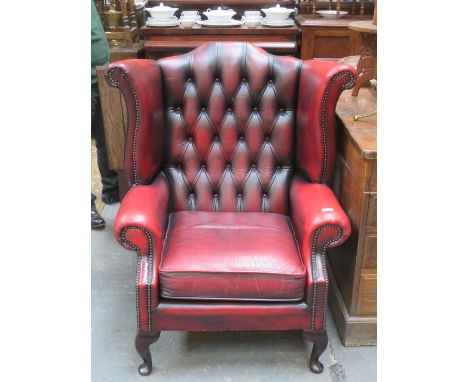 RED CHESTERFIELD STYLE LEATHER BUTTON BACK ARMCHAIR 