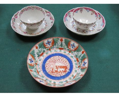 TWO EARLY HANDPAINTED CERAMIC TEA BOWLS AND SAUCERS (AT FAULT) AND EARLY NEWHALL POTTERY HANDPAINTED CERAMIC BOWL 