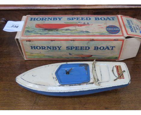 1930s HORNBY SMALL SCALE BOXED CREAM/BLUE SPEEDBOAT, No1 HAWK