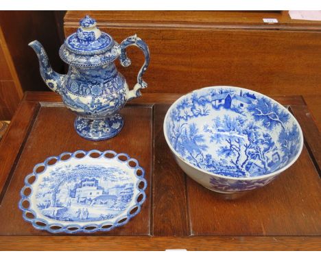 LARGE BLUE AND WHITE CERAMIC BOWL (AT FAULT), PIERCEWORK OVAL WALL PLATE AND STEMMED TEAPOT 