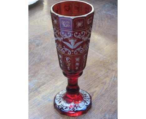 PRETTY GILDED RUBY GLASS GOBLET, APPROXIMATELY 23cm HIGH (AT FAULT) 