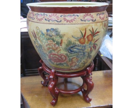 HANDPAINTED AND GILDED ORIENTAL STYLE CERAMIC FISH BOWL ON WOODEN STAND 