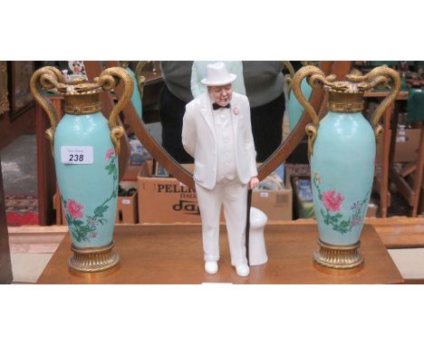 PAIR OF ORIENTAL FLORAL DECORATED AND ORMOLU MOUNTED CERAMIC VASES ON STANDS, APPROXIMATELY 45cm HIGH 