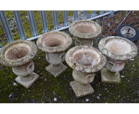 A SET OF FIVE COMPAGNA GARDEN URNS, with mythical creature decoration and twin handles, diameter 40cm x height 52cm (s.d. to 