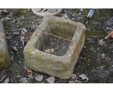 A RECTANGULAR SANDSTONE TROUGH, width 49cm x depth 43cm x height 26cm