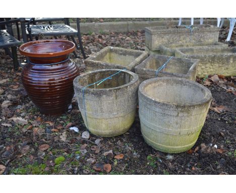 A PAIR OF SQUARE COMPOSITE GARDEN PLANTERS, together with a pair of circular garden planters and a glazed garden planter (5)