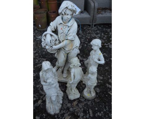 A COMPOSITE GARDEN FIGURE OF A STANDING BOY, height 118cm, together with two other smaller figures of boys and two figures of