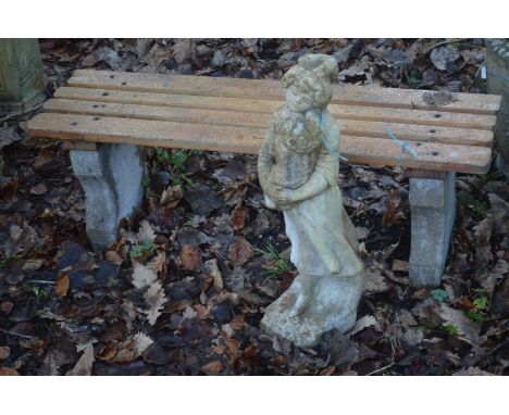 A COMPOSITE SLATTED GARDEN BENCH, width 105cm x depth 30cm, together with a composite garden figure (2)