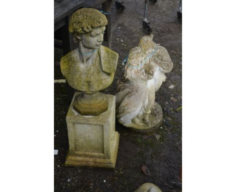 A COMPOSITE GARDEN HEAD STATUE OF DAVID, on a separate plinth, height 91cm, together with a composite garden figure of a male
