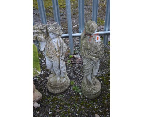 A COMPOSITE GARDEN FIGURE OF A SEMI CLAD WOMAN, together with a garden figure of a gent (2)