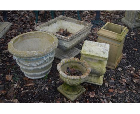 A SQUARE TAPERED COMPOSITE GARDEN PLANTER, width 53cm x depth 53cm, together with a composite cylindrical tapering garden pla