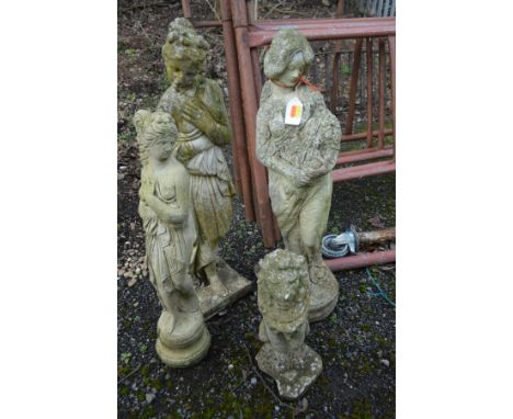 THREE VARIOUS COMPOSITE GARDEN FIGURES, of three semi clad women (s.d to one figure) and a garden figure of a male lion (4)